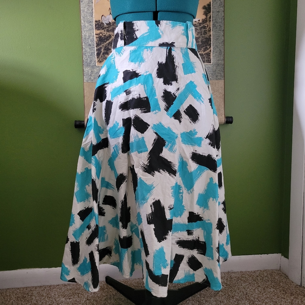 Pinup Couture White A-Line Skirt with Turquoise & Black Brushstroke Print